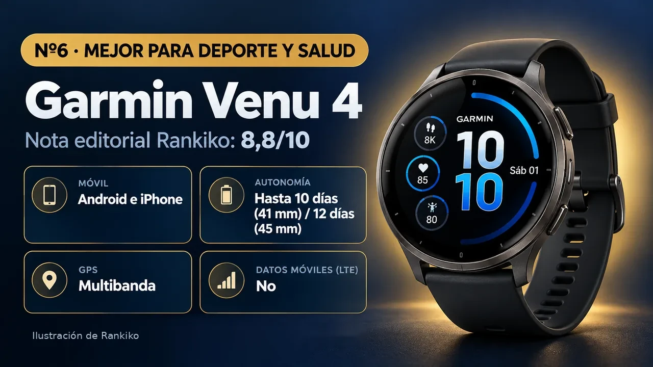 Infografía del Garmin Venu 4: nº6, mejor para deporte y salud; compatible con Android e iPhone; autonomía hasta 10 días (41 mm) / 12 días (45 mm); GPS multibanda; LTE no.