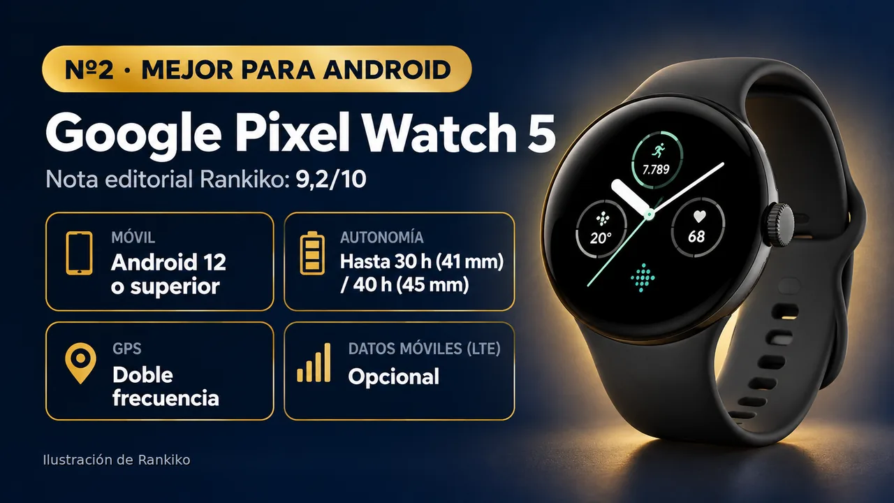 Infografía del Google Pixel Watch 5: nº2, mejor para android; compatible con Android 12 o superior; autonomía hasta 30 h (41 mm) / 40 h (45 mm); GPS doble frecuencia; LTE opcional.