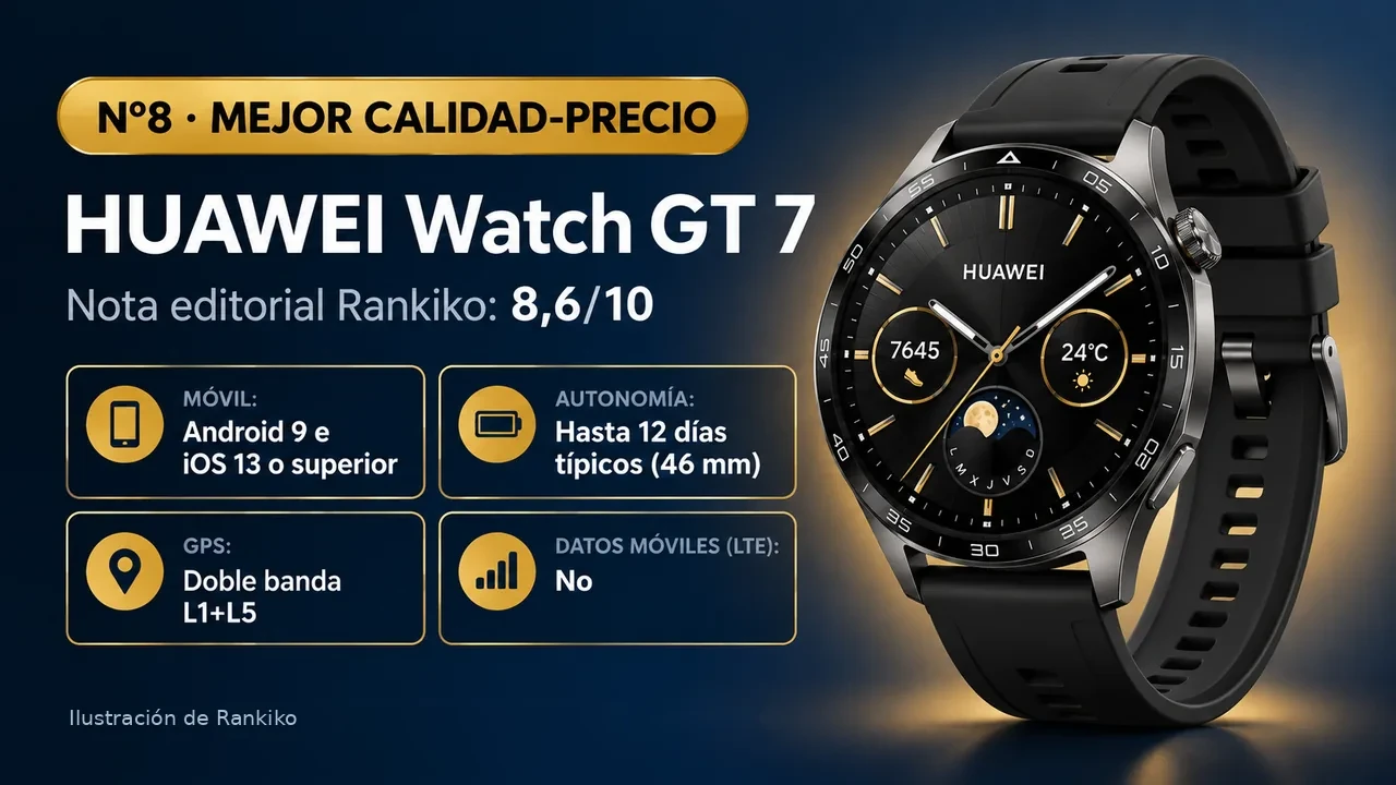 Infografía del HUAWEI Watch GT 7: nº8, mejor calidad-precio; compatible con Android 9 e iOS 13 o superior; autonomía hasta 12 días típicos (46 mm); GPS doble banda l1+l5; LTE no.
