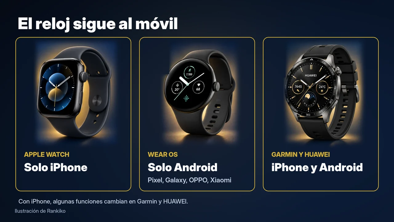 Infografía de Rankiko: Apple Watch solo funciona con iPhone, los relojes con Wear OS solo con Android, y Garmin y HUAWEI con ambos