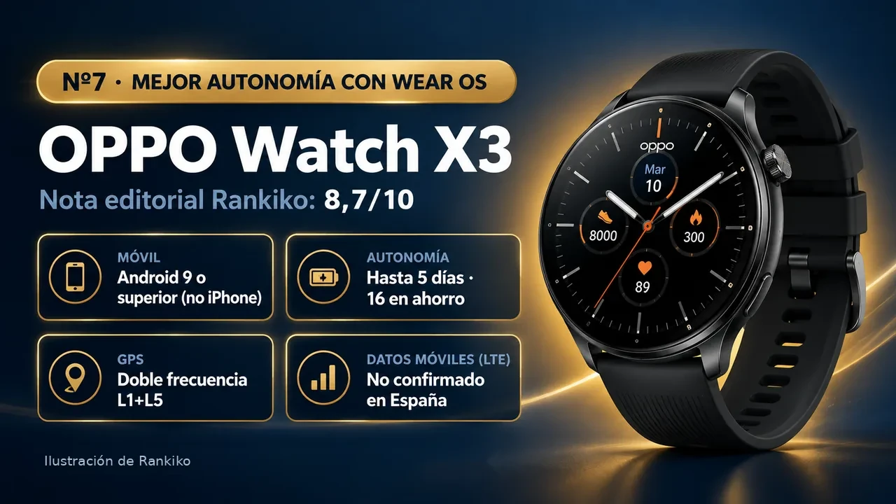 Infografía del OPPO Watch X3: nº7, mejor autonomía con wear os; compatible con Android 9 o superior (no iPhone); autonomía hasta 5 días · 16 en ahorro; GPS doble frecuencia l1+l5; LTE no confirmado en españa.
