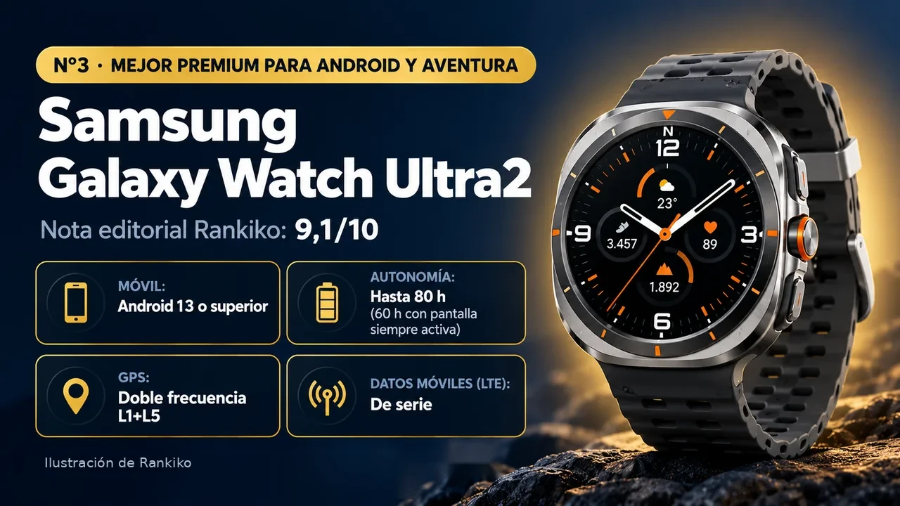 Infografía del Samsung Galaxy Watch Ultra2: nº3, mejor premium para android y aventura; compatible con Android 13 o superior; autonomía hasta 80 h (60 h con pantalla siempre activa); GPS doble frecuencia l1+l5; LTE de serie.
