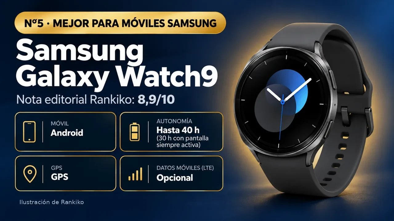 Infografía del Samsung Galaxy Watch9: nº5, mejor para móviles samsung; compatible con Android; autonomía hasta 40 h (30 h con pantalla siempre activa); GPS gps; LTE opcional.